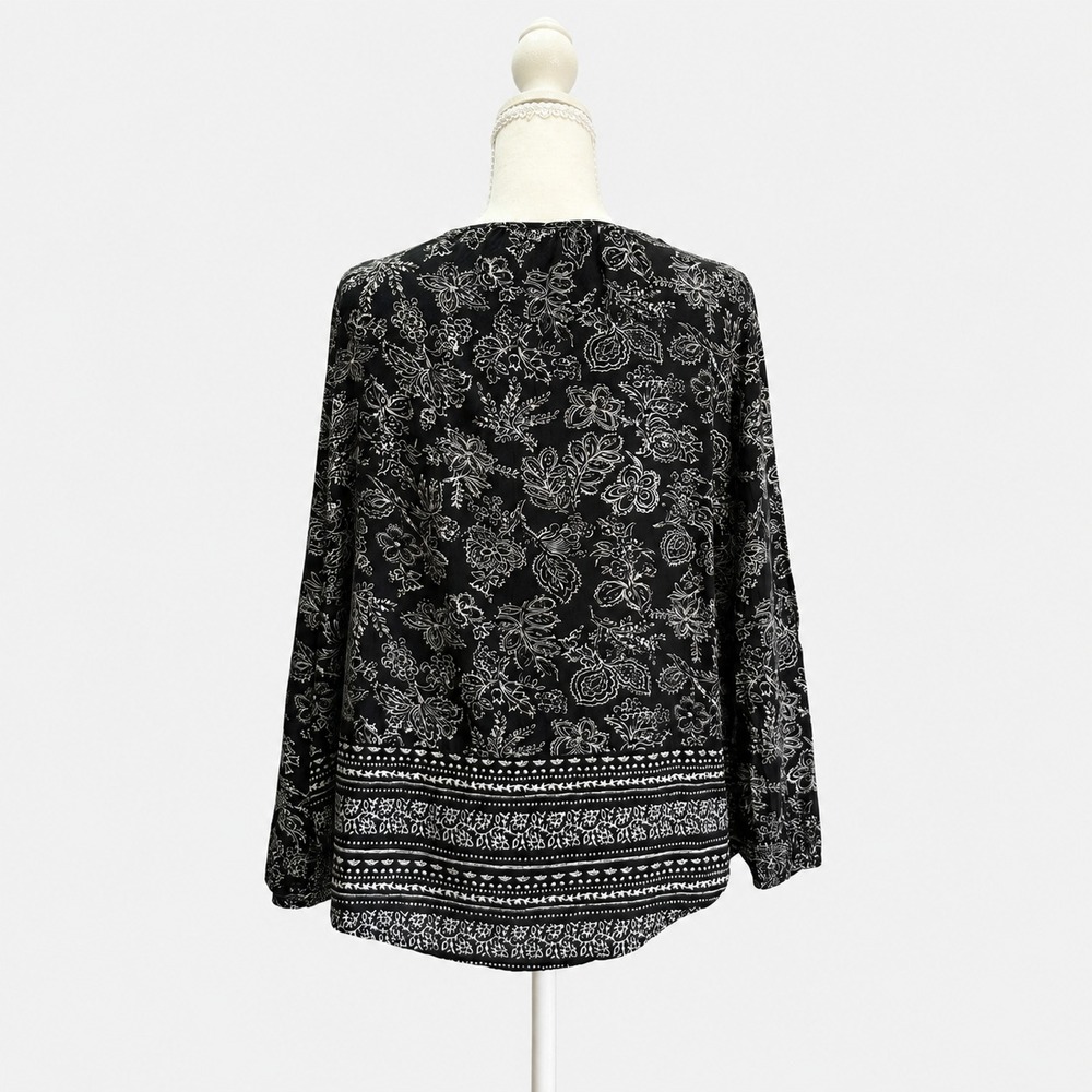 Boho Paisley Blouse Black White V Neck Long Sleeve Tunic Women's Large - Picture 2 of 10